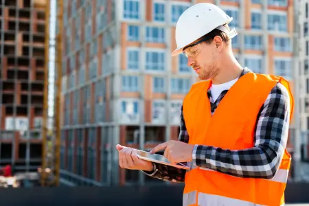 Ein Bauingenieur verwendet ein Tablet, während er eine Baustelle überwacht.